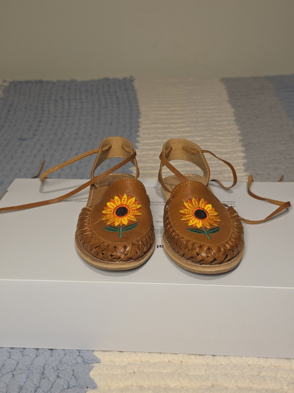 Kids Sunflower Embroidered Brown Leather Sandals